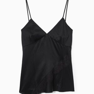 COS ASYMMETRIC LACE-TRIMMED SATIN CAMISOLE in Black Size 14